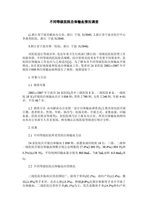 不同等级医院自体输血情况调查