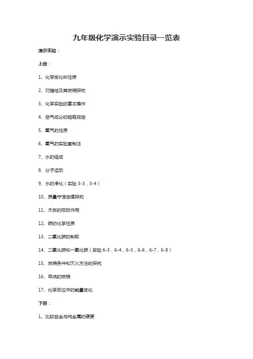 九年级化学演示实验目录一览表