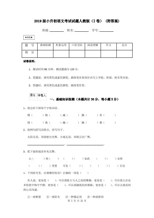 2019版小升初语文考试试题人教版(I卷) (附答案)