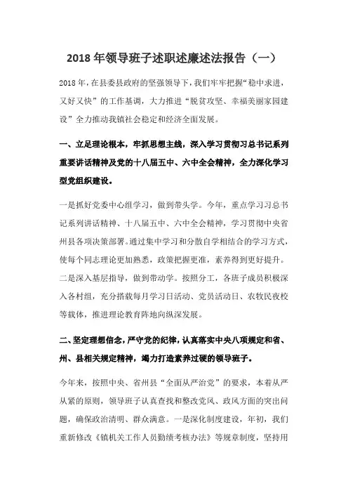 2018年领导班子述职述廉述法报告(一)