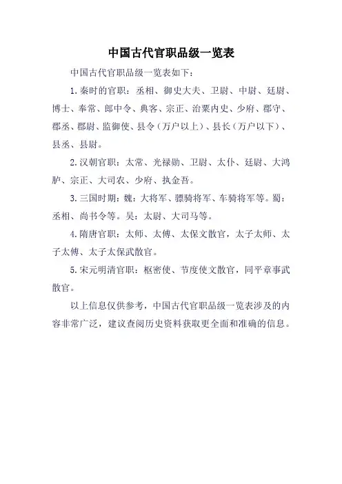 中国古代官职品级一览表