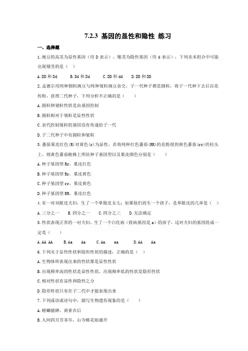 人教版生物八年级下册 基因的显性和隐性 同步练习