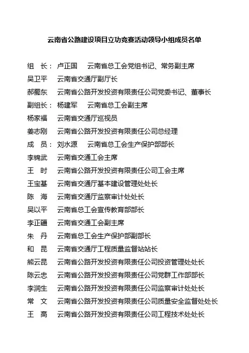 云南省公路建设项目立功竞赛活动领导小组成员名单