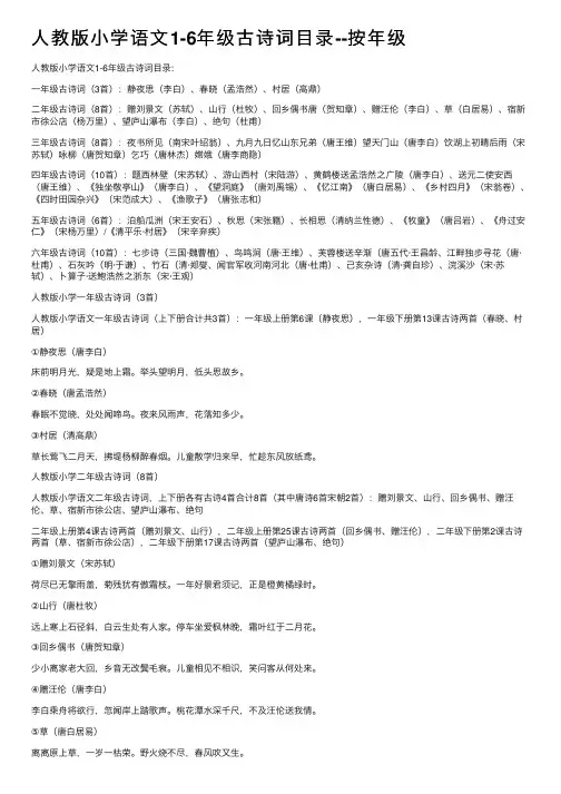 人教版小学语文1-6年级古诗词目录--按年级