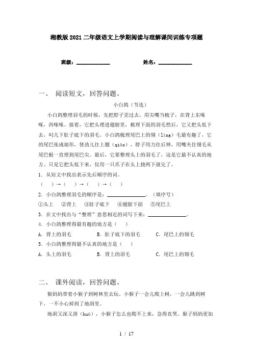 湘教版2021二年级语文上学期阅读与理解课间训练专项题