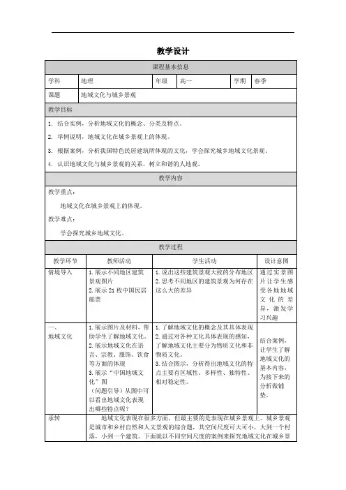 2.2+地域文化与城乡景观+教学设计2023-2024学年高中地理鲁教版(2019)必修二