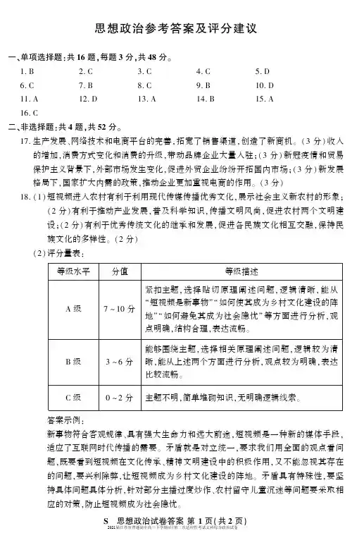 2021届江苏省普通高中高三下学期4月第二次适应性考试文科综合政治试卷及答案