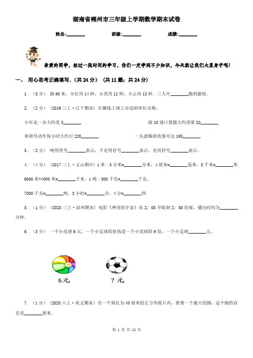 湖南省郴州市三年级上学期数学期末试卷