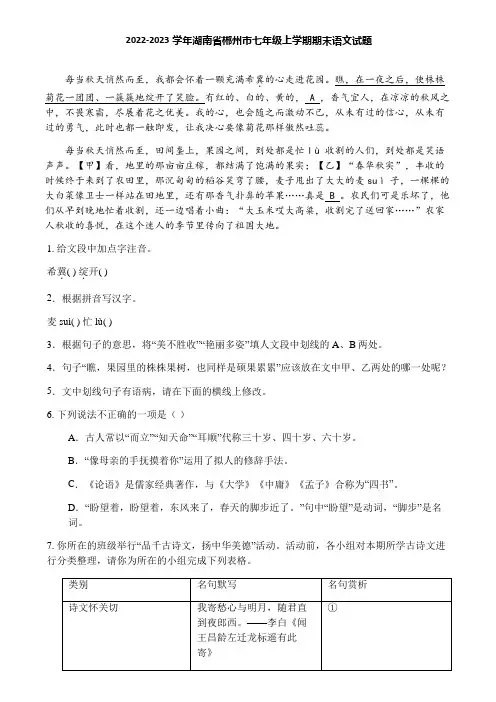2022-2023学年湖南省郴州市七年级上学期期末语文试题