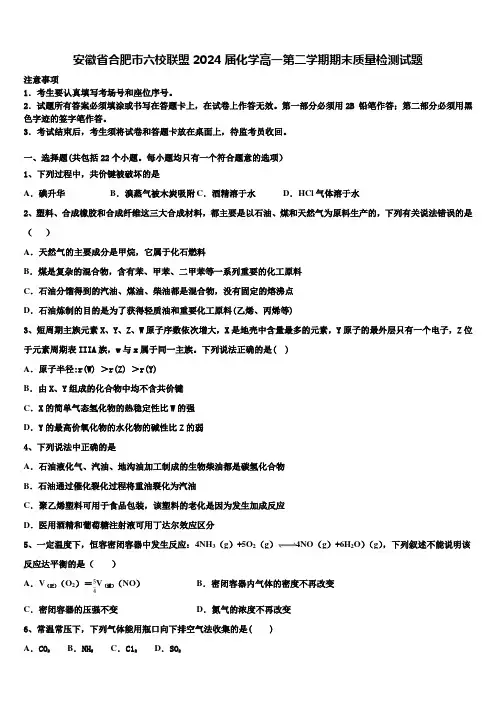 安徽省合肥市六校联盟2024届化学高一第二学期期末质量检测试题含解析