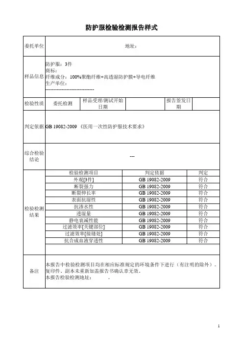 防护服检验检测报告样式