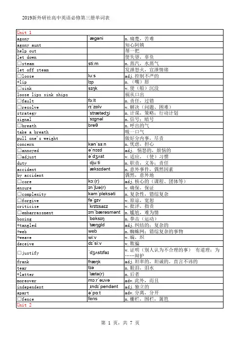 最新外研社2019版高中英语必修三单词表