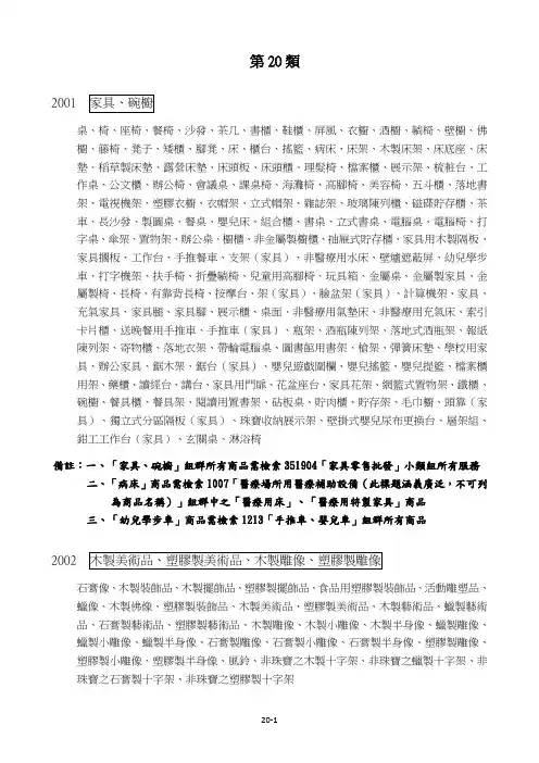 第20类2001家具、碗橱桌、椅、座椅、餐椅、沙发、茶几、书柜、鞋柜