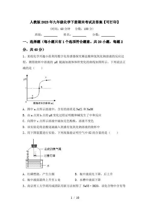 人教版2023年九年级化学下册期末考试及答案【可打印】