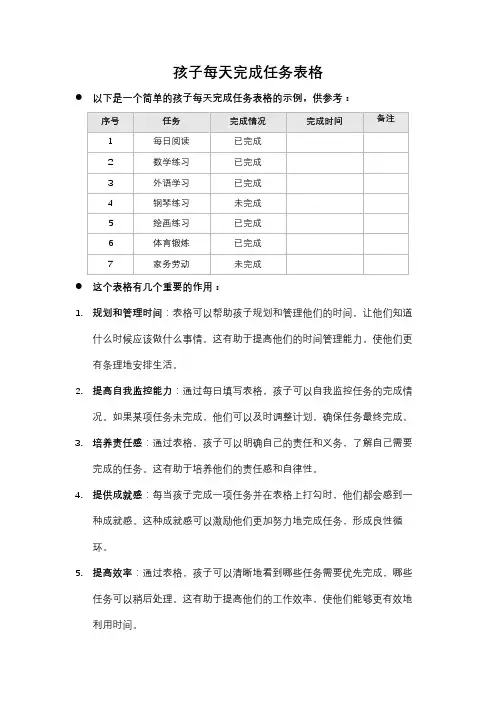 孩子每天完成任务表格