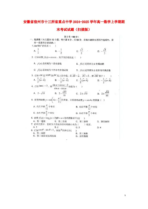 安徽省宿州市十三所省重点中学2024_2025学年高一数学上学期期末考试试题扫描版