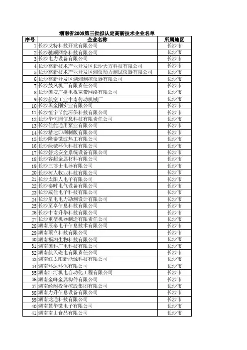 湖南省2009年第三批高新技术企业名单