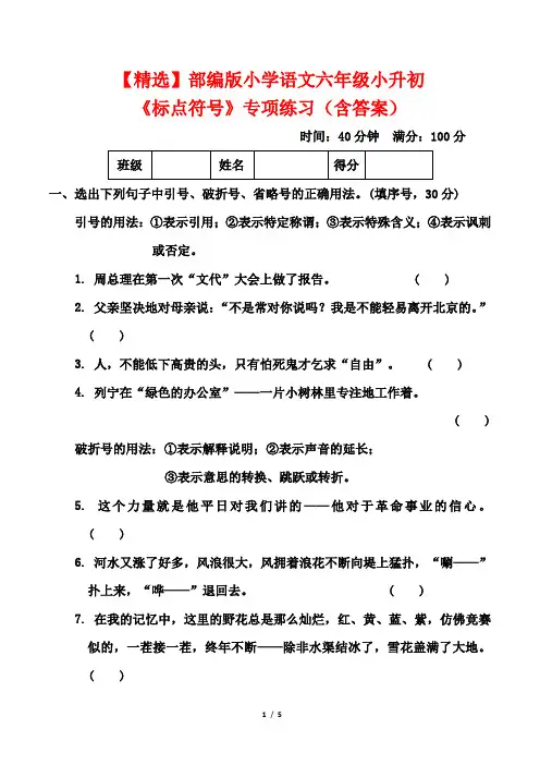 【精选】部编版小学语文六年级小升初《标点符号》专项练习(含答案)