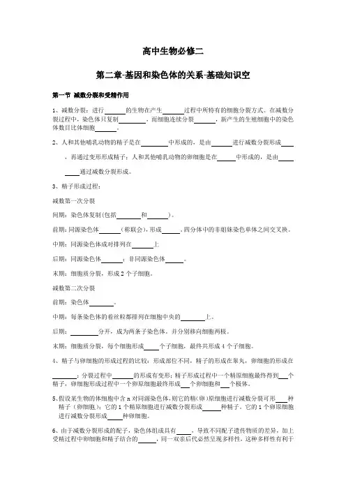 2020新人教版必修二生物第二章《基因和染色体的关系》知识点总结填空(无答案)