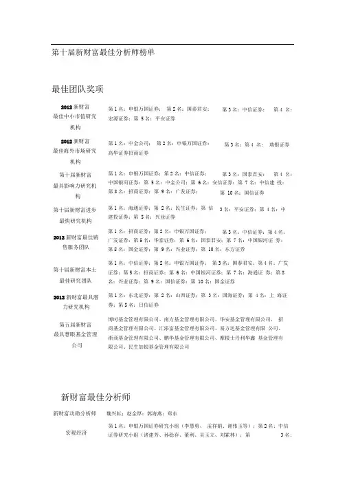 申银万国第十届新财富最佳分析师榜单121203