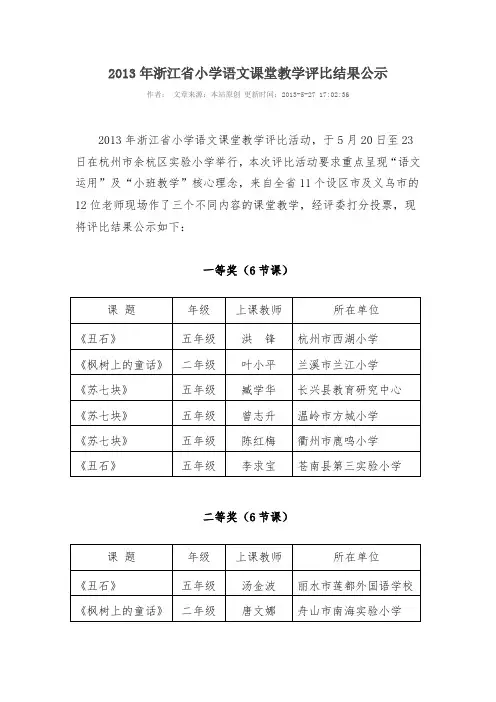 2013年浙江省小学语文课堂教学评比结果公示
