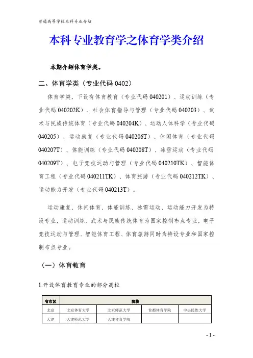 本科专业教育学之体育学类介绍