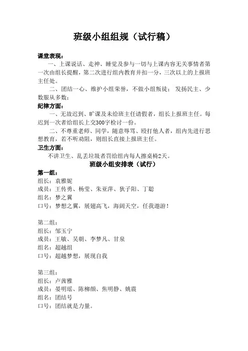 班级小组组规及小组成员表(试行)
