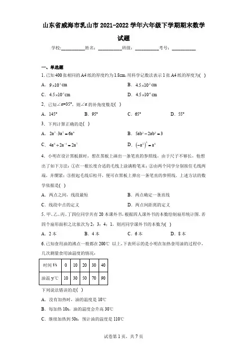 山东省威海市乳山市2021-2022学年六年级下学期期末数学试题