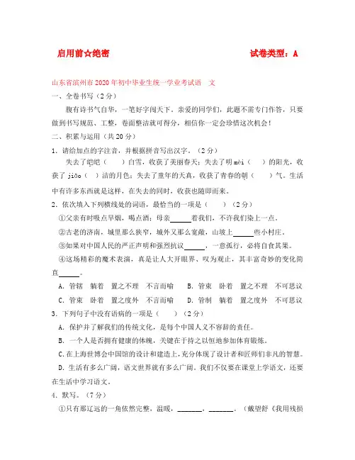 山东省滨州市2020年中考语文真题试卷