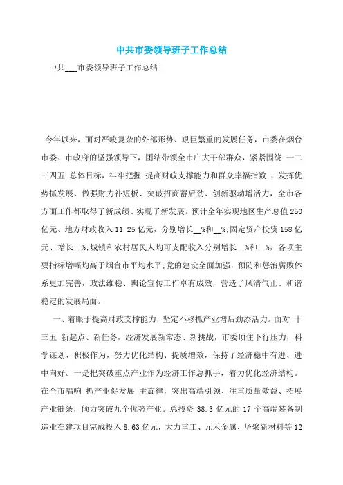 中共市委领导班子工作总结
