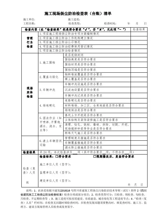 扬尘防治检查表(台账)清单