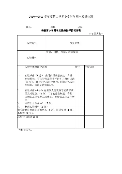 小学科学实验六年级下学期考核标准