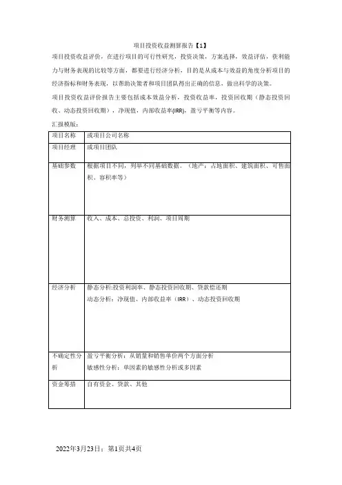 项目投资收益分析报告(超级实用)