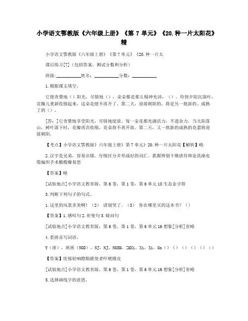 小学语文鄂教版《六年级上册》《第7单元》《20.种一片太阳花》精