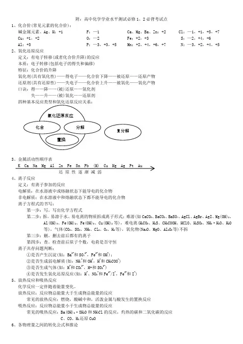 高中化学学业水平测试2必背考试点