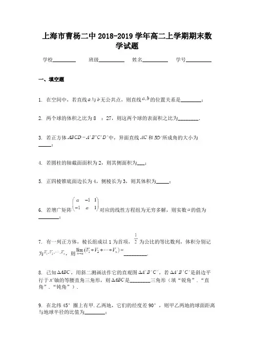 上海市曹杨二中2018-2019学年高二上学期期末数学试题