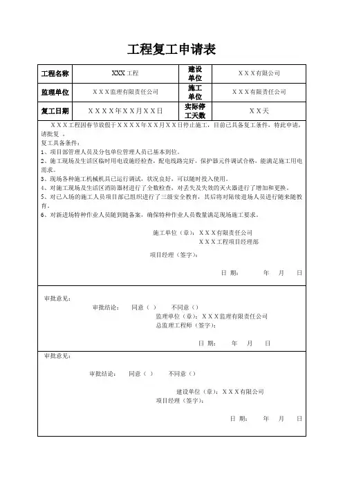工程复工申请表