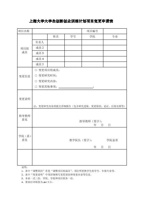 上海大学大学生创新创业训练计划项目变更申请表