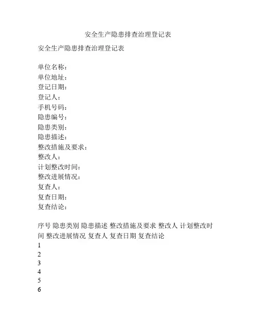 安全生产隐患排查治理登记表