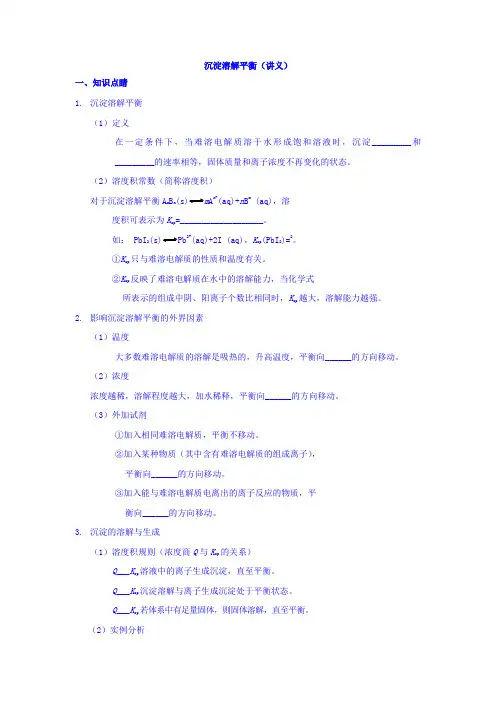 人教版高二化学(选修四)课后辅导班内部精品资料沉淀溶解平衡(讲义)Word版含答案