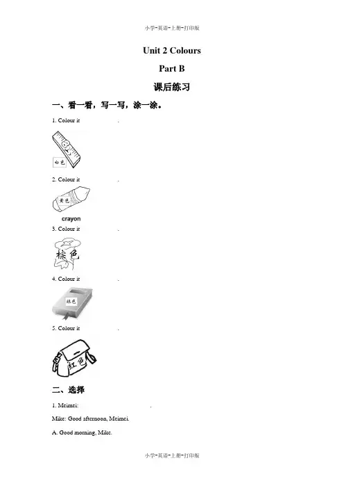 人教PEP版-英语-三年级上册-Unit 2 Colours Part B 课后练习