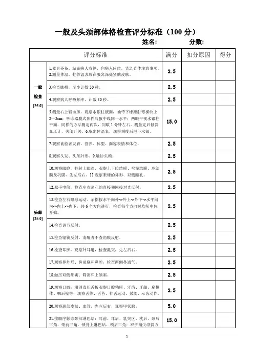 全身体格检查评分标准(分系统,每个系统100分)