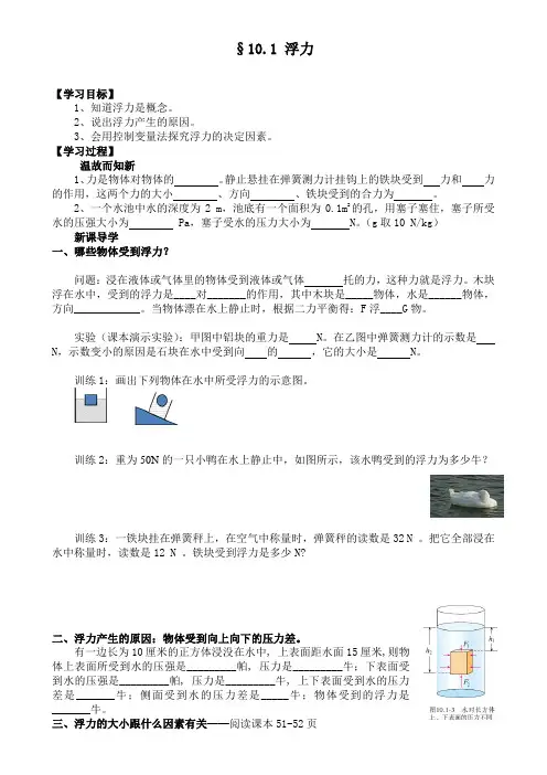 人教版八年级物理下册第十章10.1浮力导学案设计