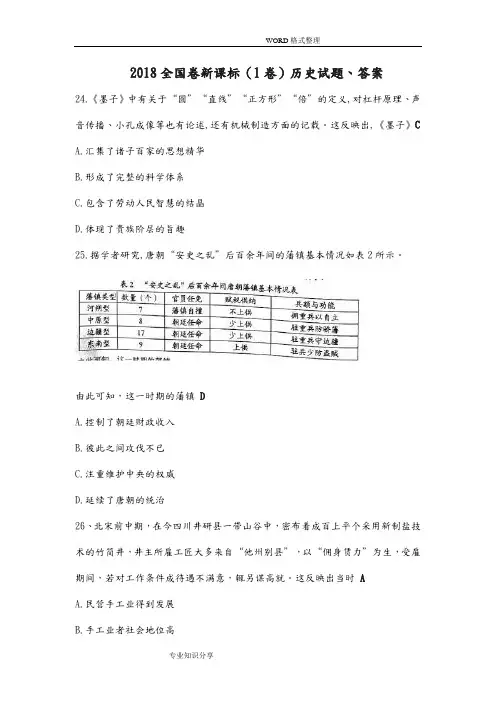 2018年全国卷新课标[1卷]历史试题、答案解析
