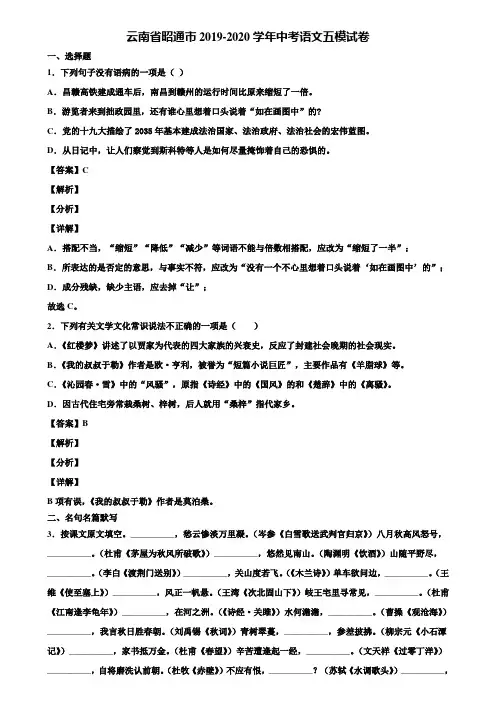 云南省昭通市2019-2020学年中考语文五模试卷含解析