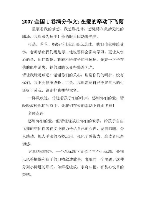2007全国I卷满分作文：在爱的牵动下飞翔.doc