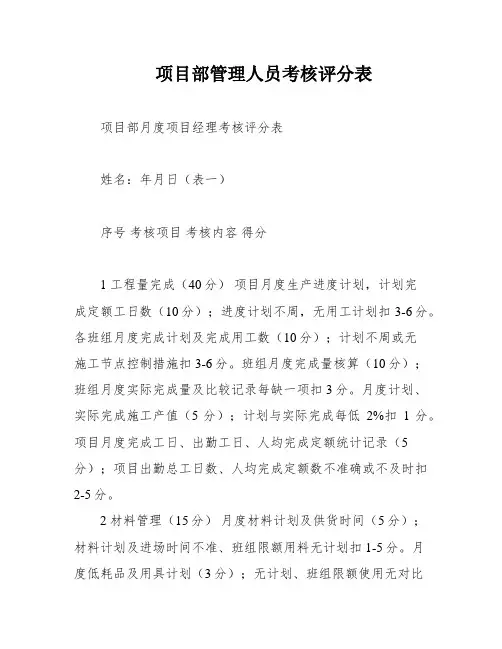 项目部管理人员考核评分表