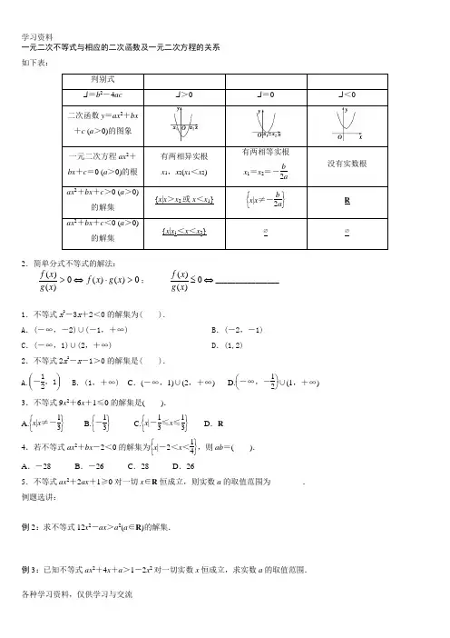 一元二次不等式及分式不等式的解法教程文件