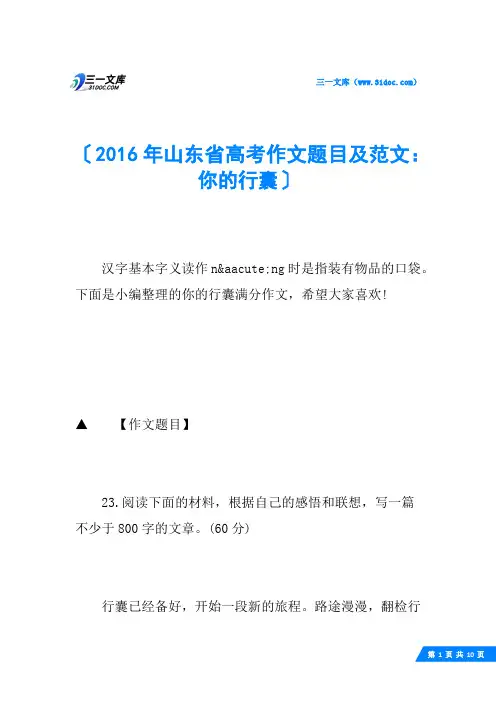 2016年山东省高考作文题目及范文：你的行囊