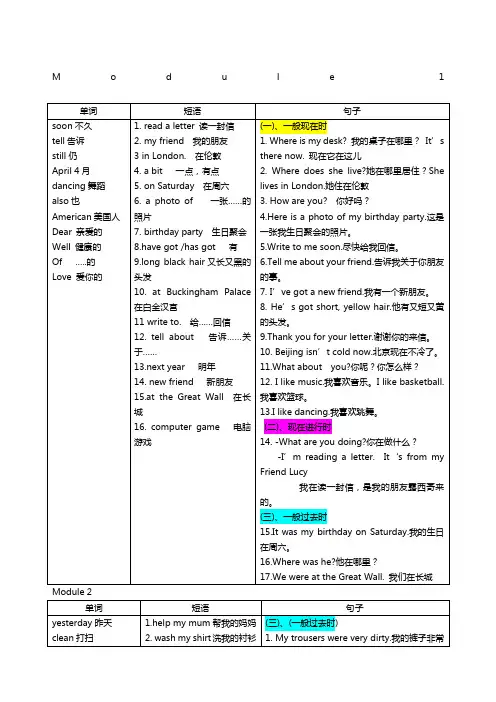 外研版小学英语一起四年级上册单词短语句子